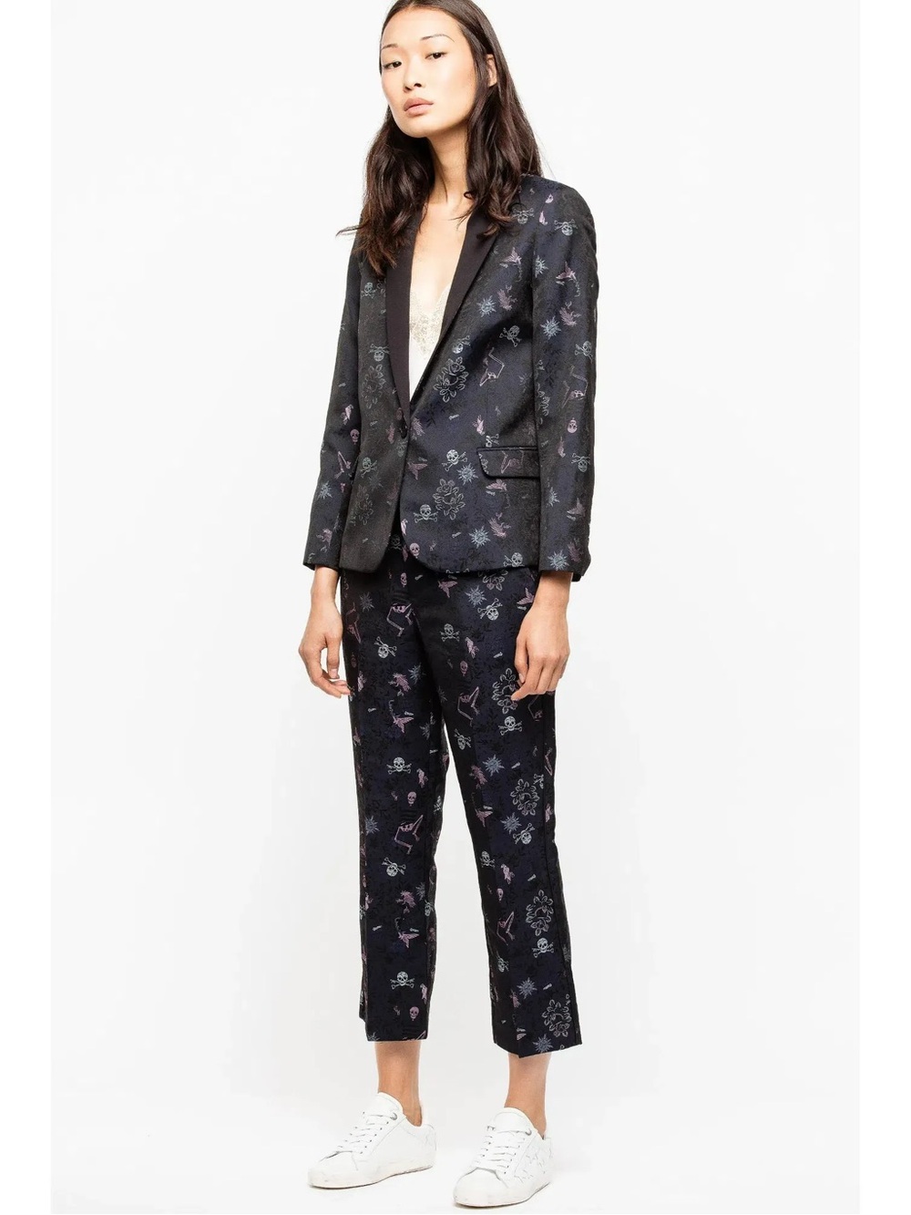 Zadig & Voltaire Black Cropped Brocade Pants with Floral + Skull Print Size 40